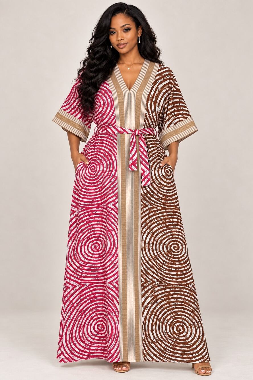 100% Cotton Boho African Ankara Plus Size Kaftan Maxi Dress PinkTan Boubou 1X-2X